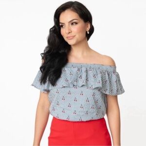 Unique Vintage Blue Gingham Cherry Print Top